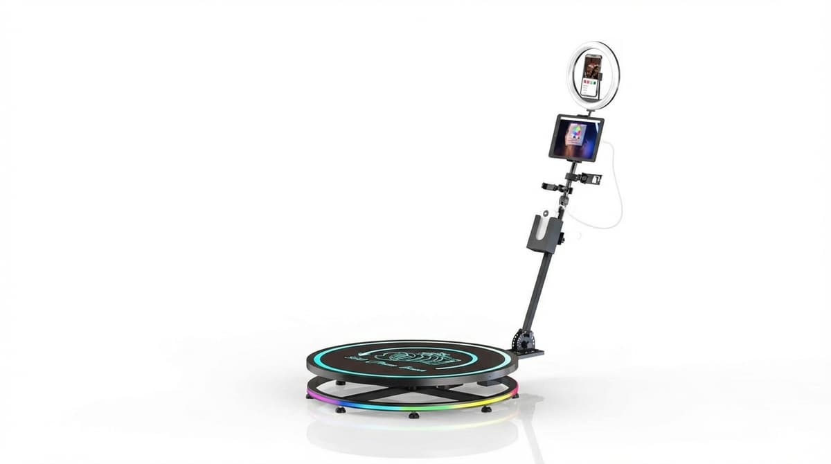 LWR Luxe 360 photo booth setup with ring light and platform